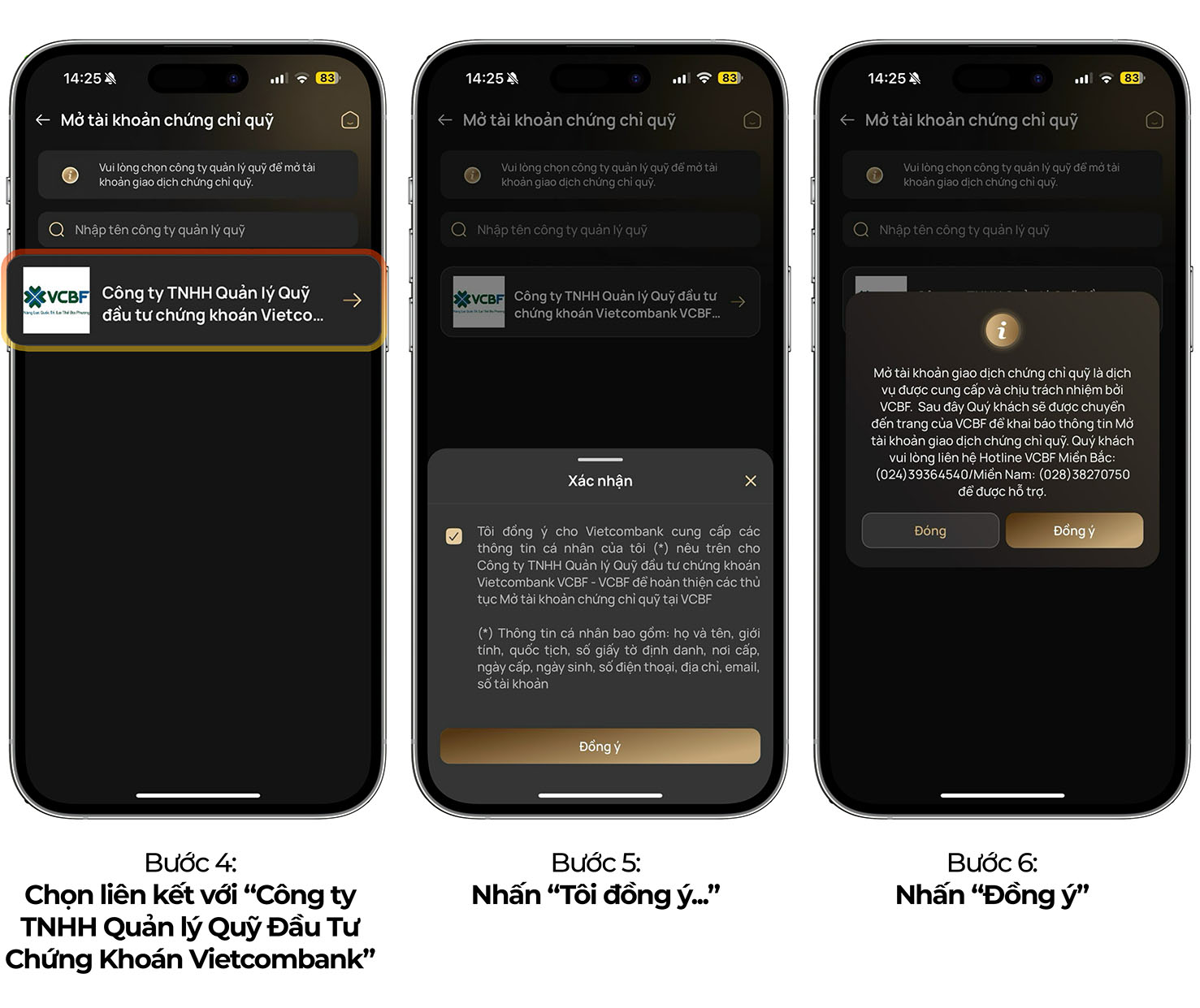 Bước 4: Chọn liên kết với "Công ty TNHH Quản lý Quỹ Đầu Tư Chứng Khoán Vietcombank" (VCBF)